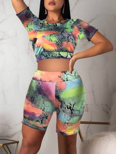 O-Neck Snake Print Multicolor 2pc Shorts Set - Stylz Select