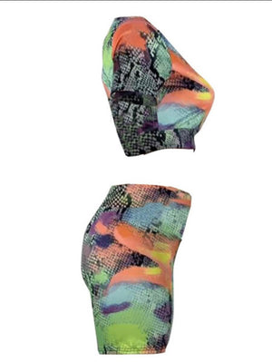 O-Neck Snake Print Multicolor 2pc Shorts Set - Stylz Select