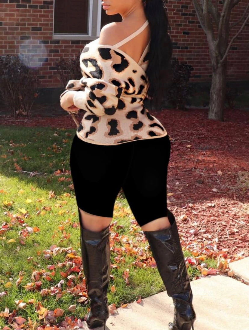 Leopard Print Cross-Over Design Sweater - Stylz Select