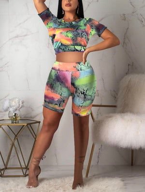 O-Neck Snake Print Multicolor 2pc Shorts Set - Stylz Select